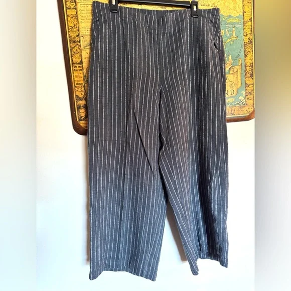 Eileen Fisher Organic Linen Pants LARGE Gray Striped Wide Leg BOHO High Rise - Picture 1 of 7